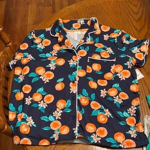 Joyspun Navy Pajama Top with Orange Print